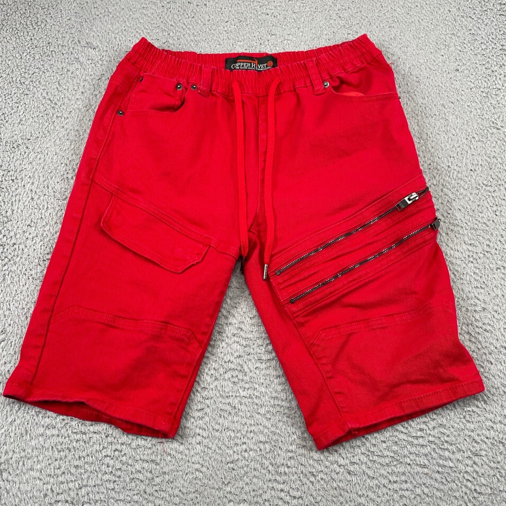 Copper Rivet Shorts Mens Large Red Denim Cargo Moto Zipper Pockets Drawstring